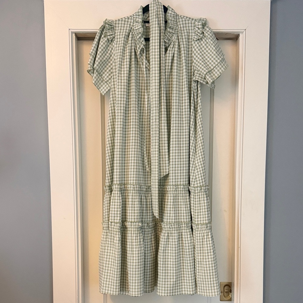 HUNTER BELL Light Green Gingham Tie-waist Ruffled Tiered Dress